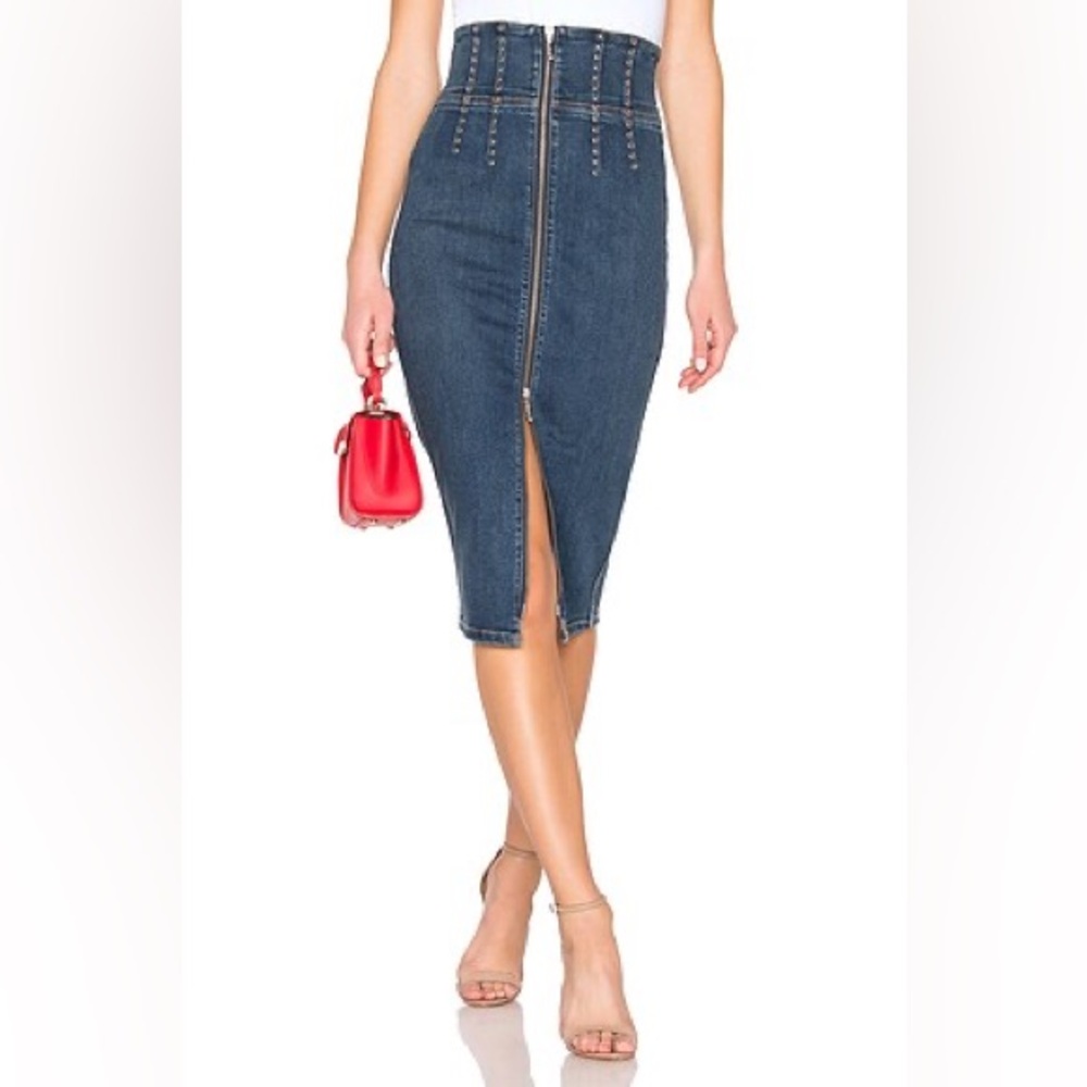 Current/Elliott High Waist Denim Pencil Skirt 25 Front Zip Slit Studded Blue